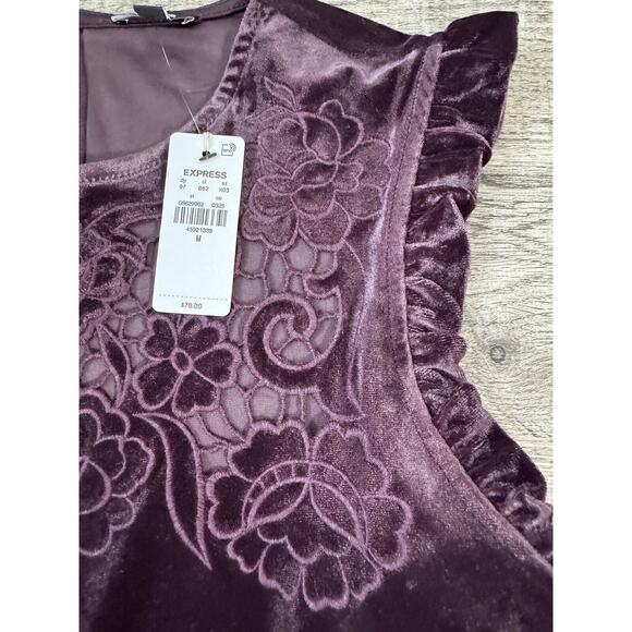 Express Velvet Crew Neck Lace Embroidered Peplum Top Size Medium Merlot $78 - Picture 5 of 11